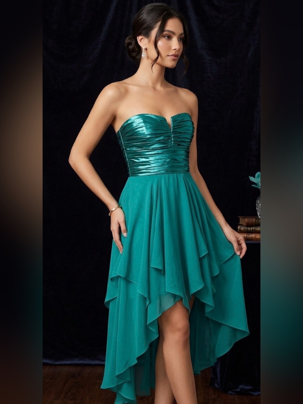 Strapless Teal High-Low Chiffon Party Dress